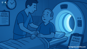 Cartoon-style doctor assisting an anxious stroke patient into a CT scanner in a hospital imaging room. A digital clock and a clipboard labeled “Stroke Protocol” are visible, emphasizing the critical time-sensitive nature of the situation. This is the first emergency case for the doctor.