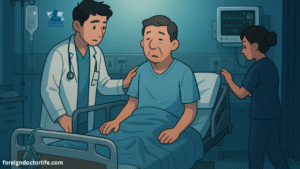 Cartoon-style doctor and nurse attending to a stroke patient in an ER bay. The patient is slumped with visible facial droop and limp arm, lying on a hospital bed with monitors and oxygen equipment nearby. The scene shows urgency and care in a medical setting. This is the first emergency case for the doctor.