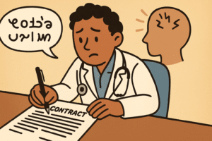 The doctor signing a contract with small fine‑print, looking uneasy, while behind them a speech bubble with foreign words, and a head silhouette showing stress waves.