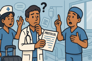 The doctor in a foreign ward, looking confused as local staff gesture in unfamiliar ways and paperwork is in a foreign language.