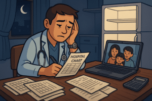 The doctor abroad, late at night in a small flat abroad, multitasking between hospital charts, empty fridge, a skype call to home on screen, and a calculator showing unexpected costs.