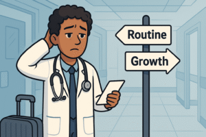 The doctor in a hospital corridor, looking worn out, with their stethoscope slack, and behind them a signpost showing two directions: “Routine” vs “Growth”