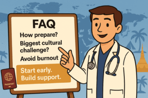 The doctor standing next to a large FAQ board with questions like “How prepare?” “Biggest cultural challenge?” “Avoid burnout?” The doctor smiles and points at an answer: “Start early. Build support.”