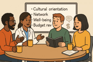 The doctor with diverse colleagues (locals + other foreign doctors), sharing coffee and notebooks in a relaxed room.