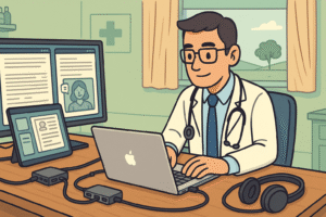 the doctor working in a remote clinic environment abroad: typing on a MacBook Air, with multiple windows open (clinical notes, research article, tele‑consultation). On the desk are external dongles, an external monitor, a USB‑C hub, and headphones. The setting suggests compatibility, productivity, and professional workflow.