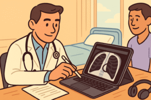 the doctor using an iPad Pro in bedside mode: they’re holding the iPad in hand, using an Apple Pencil to mark up a scan image. Next to them is a hospital bed or patient chair, and the doctor is showing the image to a colleague or patient.