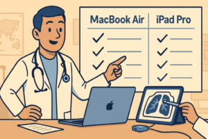 the doctor standing onscreen in front of a large chart (decision matrix). The chart shows two columns labelled “MacBook Air” and “iPad Pro” with checklist icons next to each. The doctor is pointing to the MacBook Air column with a smile, while the iPad Pro column has a smaller check mark under certain tasks (e.g., stylus use).