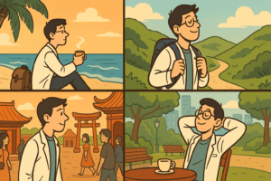 collage-style image divided into 4 quadrants showing: 1. Doctor sitting on a beach 2. Doctor hiking a trail through green hills 3. Doctor walking through a local market or temple 4. Doctor relaxing at a city café or park