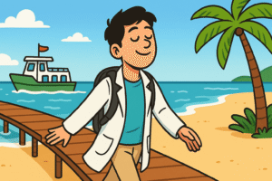 the doctor arriving at a serene beach destination. He is stepping off a small ferry or walking along a quiet boardwalk, breathing deeply with a visible expression of relief. The sky is clear, and the ocean sparkles gently in the background. The doctor is stress and burnout free.