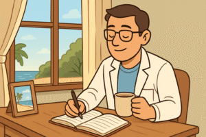 The doctor back at home, journaling by a window while sipping tea. The scene shows soft natural light, a framed beach photo or souvenir on the desk, and a relaxed posture. This should visually represent post-travel reflection and sustained calm.