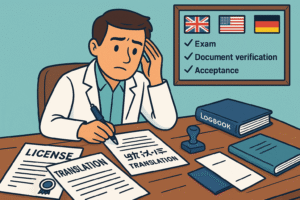 The doctor sitting at a desk strewn with medical licenses, translation papers, stamps, and logbooks showing challenges for doctors abroad. The doctor has a pen in hand, looking partially overwhelmed but focused. Behind or on the wall, include a board with country flags and checklist stages