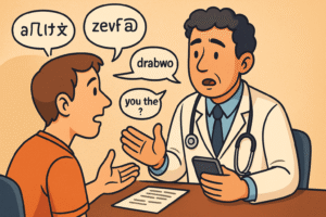 The doctor talking to a patient using hand gestures and a small translation device or book. Around them are cartoon dialogue bubbles—some words are jumbled or foreign characters—to visually show communication difficulty.