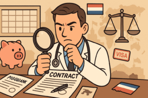 The doctor reviewing a contract with a magnifying glass. Surrounding elements include a piggy bank, visa stamp, scales (for balance), and a calendar showing months. The doctor’s expression is cautious and analytical. In the background, subtle icons of home vs foreign (e.g. home-country flag, foreign-land silhouette) hint at the uprooting challenges for doctors abroad.