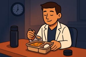 A cartoon-style 16:9 illustration of a doctor during a quiet night shift break, sitting under soft hospital lighting while eating from a meal box (vegetable soup and a boiled egg). A thermos or hot drink and a small clock showing late night hours (around 2 a.m.). The atmosphere feel cozy and recharging.