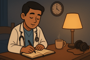 A cartoon-style 16:9 illustration of the doctor journaling alone in a quiet room at night, lit by a bedside lamp. Include small details: a clock, journal open, headphones nearby, and a cup of tea.