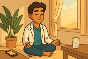 A cartoon-style 16:9 illustration showing the doctor sitting cross-legged in morning sunlight, meditating near a window with a plant beside them. On a nearby table: a phone with a meditation app and a glass of water.