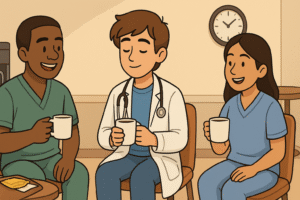 A cartoon-style 16:9 illustration of the doctor and two hospital colleagues sitting in a break room or near a coffee machine, chatting and smiling. Coffee cups, a snack table, and a wall clock to create a real hospital feel.