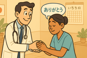 The doctor abroad, greeting a patient or nurse using a local greeting gesture (handshake, slight bow, or local cultural touch), while a speech bubble shows a “thank you” or greeting in the local language. The doctor watches the expression of the local colleague, learning the nuance.