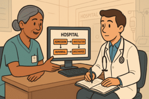 The doctor sitting with a senior local doctor or nurse in front of a workstation/computer screen displaying a hospital workflow chart