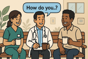 The doctor sharing coffee or tea in a small break room or outdoor bench with a nurse and an allied‑health staff member