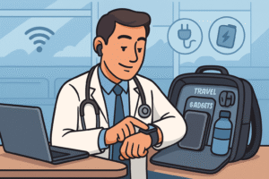 A close‑up view of a backpack’s inner compartments. Show compartments labelled: “Medical Tools” (stethoscope, cuff), “Tech Gadgets” (tablet, power bank), “Comfort Kit” (earbuds, water bottle, snack).