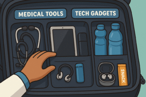 The doctor in a remote clinic or airport lounge, using a smartwatch and noise‑canceling earbuds while a tablet or laptop sits beside them. Around them, faint icons of connectivity (WiFi), charging plug/adapters, travel power bank.