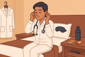 A cozy hotel or on‑call room. The doctor is sitting on a bed/uniform hung aside, using earplugs, a sleep mask on the pillow, a reusable water bottle and a snack bar beside him.