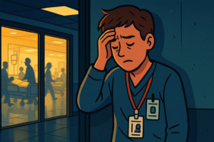The doctor in the hospital at night, leaning against a corridor wall outside the ward, with their badge still on, looking fatigued and emotionally drained. The ward behind them has busy lights and patients/colleagues in motion. The doctor holds their head or rubs their temple, showing the invisible emotional burden of being a doctor overseas.