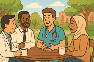 The doctor having coffee or informal talk with local colleagues and other foreign doctors in a relaxed café or campus garden setting. Everyone is smiling, leaning into conversation. The doctor character is clearly engaging and connecting, showing that community and social support are key to avoiding burnout overseas.