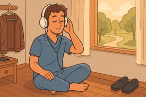 The doctor at home, setting up a burnout recovery ritual: changing out of scrubs, placing phone aside, putting on earphones for guided meditation, and sitting for a park walk or gentle stretch near a window showing early morning light. The mood is intentional, calm, and restorative.