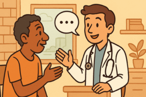 The doctor talking with a patient from the local community, using gestures and simple speech.