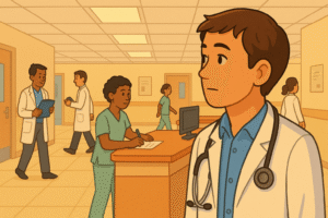 The doctor in a foreign hospital, observing colleagues and hospital layout.