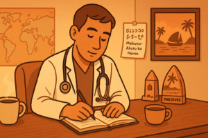 The doctor, working abroad, is sitting quietly in a cozy setting (balcony, small room, or under a tree) journaling or reflecting with a notebook. Around them, subtly include travel or cultural items: a small map, a local souvenir, a cup of tea, or phonetic language notes. The mood should be introspective and calm, showing personal growth beyond the hospital.