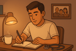 The doctor at home or in a small room abroad, sitting at a desk with a notebook, a cup of tea, and a dim lamp. He is writing or journaling to beat loneliness. On the wall or shelf behind them, include a small world map or a photo of home to emphasise distance and the process of coping.