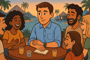 The doctor joining a local social or professional gathering—a group of diverse friends or colleagues seated around a small table, laughing or chatting. The doctor is slightly reserved but smiling, suggesting the effort to build local connections and overcome isolation.