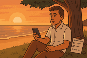 the doctor outdoors in a peaceful setting abroad—perhaps walking on a quiet beach or sitting under a tree at sunset, phone in one hand with a completed checklist beside them (support contacts, gratitude list).