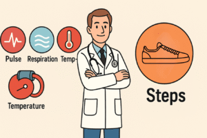 Visual showing the four traditional vital signs (pulse icon, respiration icon, temperature icon, blood pressure cuff) on one side, and next to them a large footprint icon labelled “Steps”. A doctor stands in the middle, bridging the two groups, looking confident.