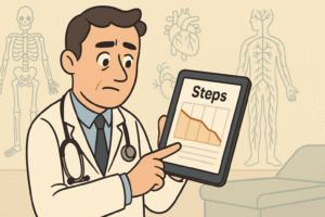 A doctor reviewing wearable data on a tablet in a clinic setting—a line chart shows declining steps over several days, and the doctor’s expression is one of concern or insight. In the background, subtle outlines of a skeletal, circulatory and nervous system hint that step count integrates multiple body systems.