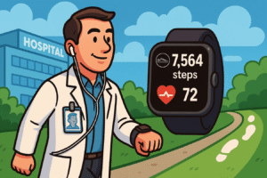A doctor walking outdoors (hospital badge clipped) wearing a smartwatch and earbuds. The smartwatch display shows step count and heart rate. Behind them is a stylised hospital building and a path showing steps icons.