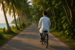 A doctor cycling along a quiet tree-lined road in Gan or Hithadhoo for stress relief. Include gentle tropical details like coconut palms, soft shadows, and ocean glimpses beyond the trees. The character appears calm, enjoying solitude and movement.