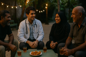 A doctor sitting with locals around a low table having evening tea. The setting is an island courtyard with soft ambient light. Everyone is relaxed, smiling, and sharing simple conversation — showing social connection and belonging.