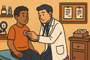 The doctor examining a patient in a modest, resource-limited clinic.