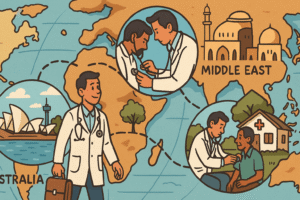 small vignettes of different countries/regions (Australia, Middle East, rural clinics) with the doctor pictured visiting or working abroad in each.