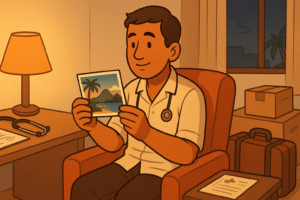 The doctor at home in an evening setting, sitting on a comfortable chair in a modest room abroad, looking at a photo of family/home country, with packed boxes or a suitcase next to them. Somewhere on a desk is a medical chart or patient file, representing dual roles.
