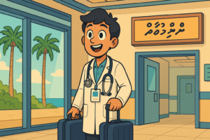 The doctor in a hospital ⋯ in a foreign country — standing just inside the hospital entrance with a badge, looking excited and a bit awed, holding a stethoscope and carrying a small suitcase or bag.