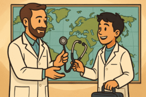 The doctor abroad handing a stethoscope to a younger doctor or medical student, while standing in front of a world map or globe. The doctor looks confident and slightly older, the younger one eager. This image represents mentorship, legacy, and growth.