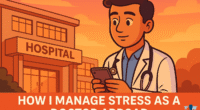 cartoon-style 16:9 illustration of a young doctor standing outside a hospital at sunset, holding a phone or journal. Their expression is calm but thoughtful. The hospital exterior and sky should be softly lit in warm evening tones.