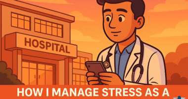 cartoon-style 16:9 illustration of a young doctor standing outside a hospital at sunset, holding a phone or journal. Their expression is calm but thoughtful. The hospital exterior and sky should be softly lit in warm evening tones.