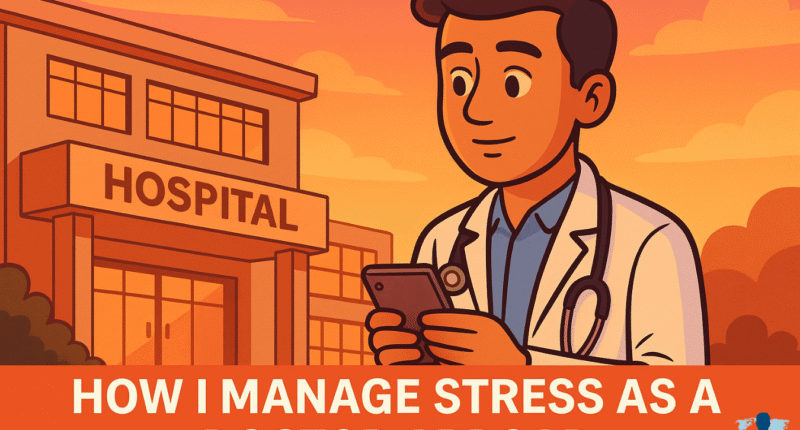 cartoon-style 16:9 illustration of a young doctor standing outside a hospital at sunset, holding a phone or journal. Their expression is calm but thoughtful. The hospital exterior and sky should be softly lit in warm evening tones.