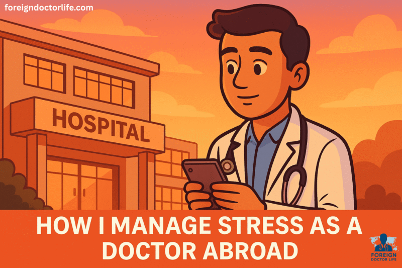 cartoon-style 16:9 illustration of a young doctor standing outside a hospital at sunset, holding a phone or journal. Their expression is calm but thoughtful. The hospital exterior and sky should be softly lit in warm evening tones.